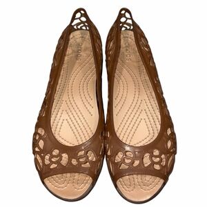 Crocs Isabella Brown Laser Cut Peep Toe Jelly Flats Shoes size 7